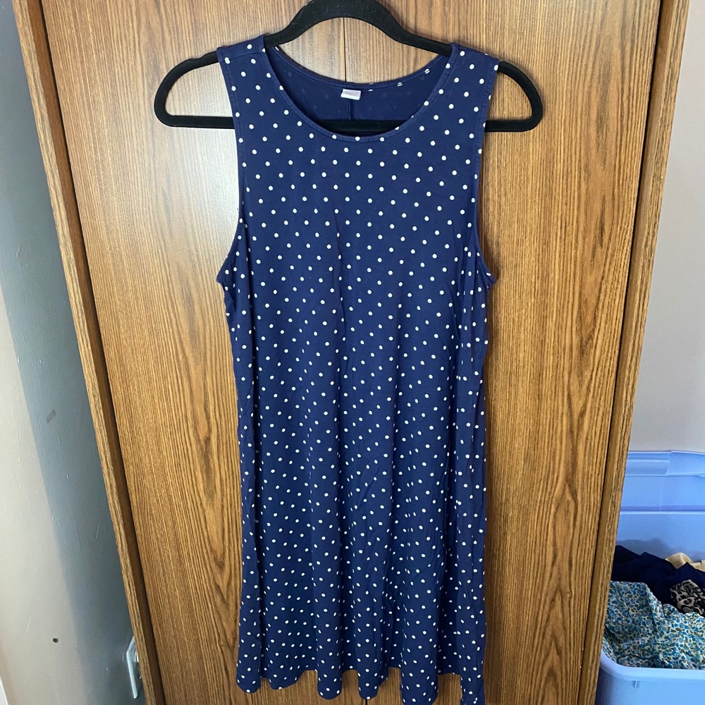 Old Navy Swing Dress Womens Large Navy Blue Polka Dot Sleeveless‎ Knit Mini